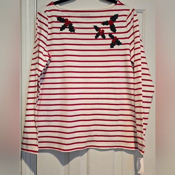NWT Women's Talbots Red White Striped Embroider. Holly Blouse Size Med Christmas - Picture 1 of 8